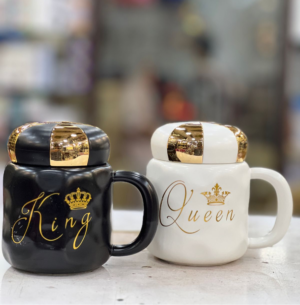 King & Queen Couple Mugs Set with Lid