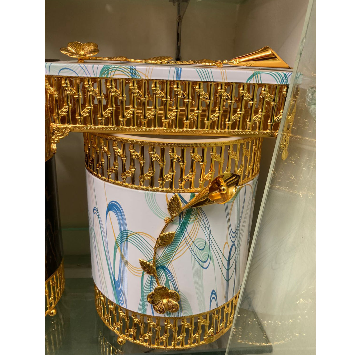 White and Golden Metal Dustbin Tissue Box Set