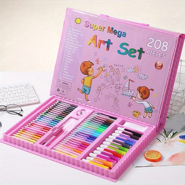 208 Pcs Set Watercolor Pen Set its Includes Sketch paper also with Clips,Paints, Crayons,Colours, Markers.
