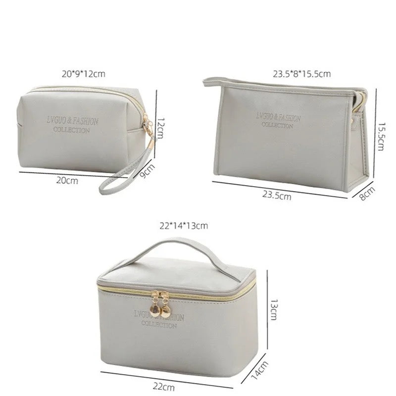 3 Pcs Leather Makeup Pouch Set (Pink, Golden & Silver)