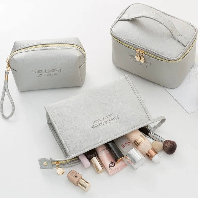 3 Pcs Leather Makeup Pouch Set (Pink, Golden & Silver)
