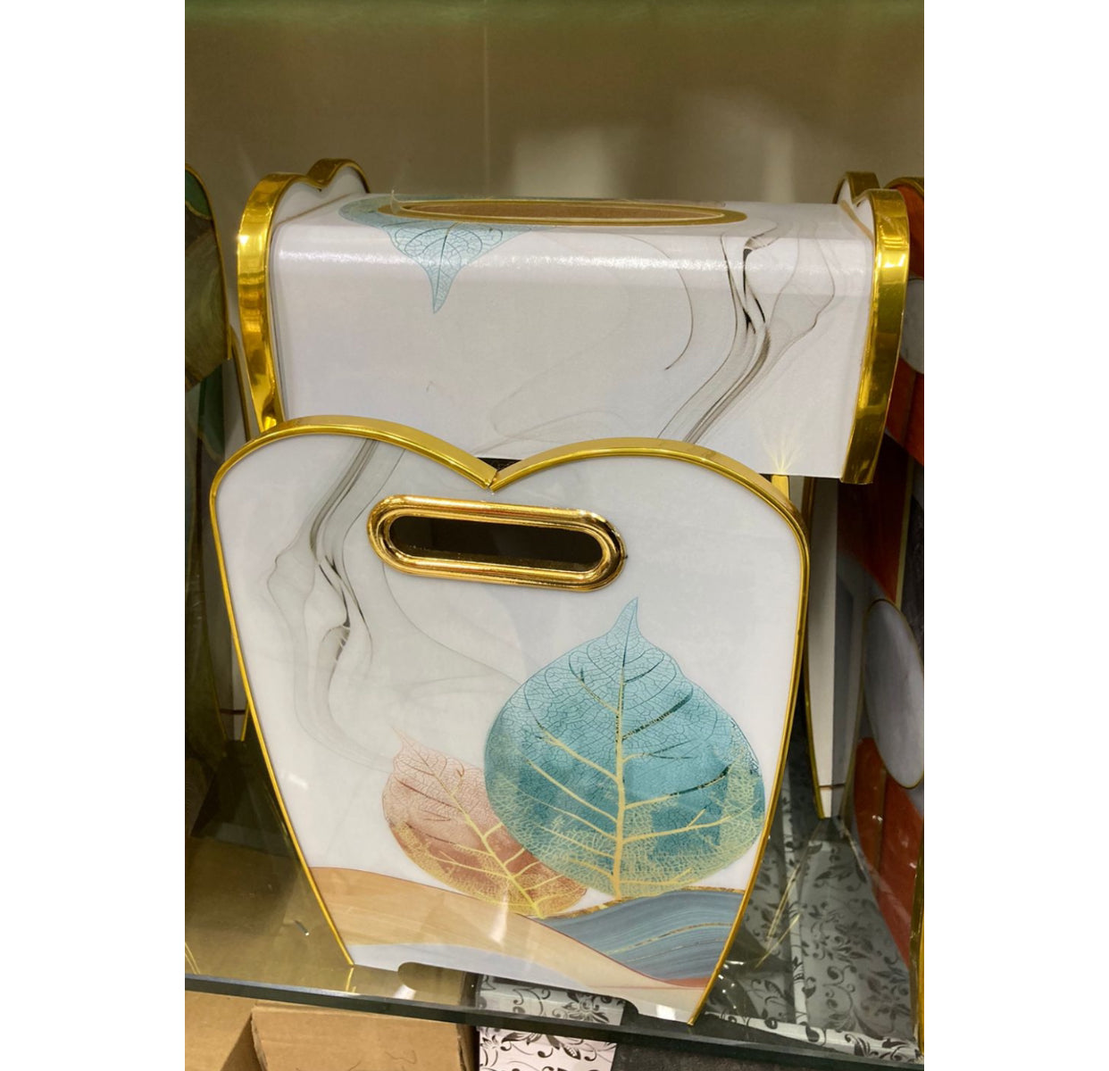 White Leaf Print Dustbin and Tissue Box Set