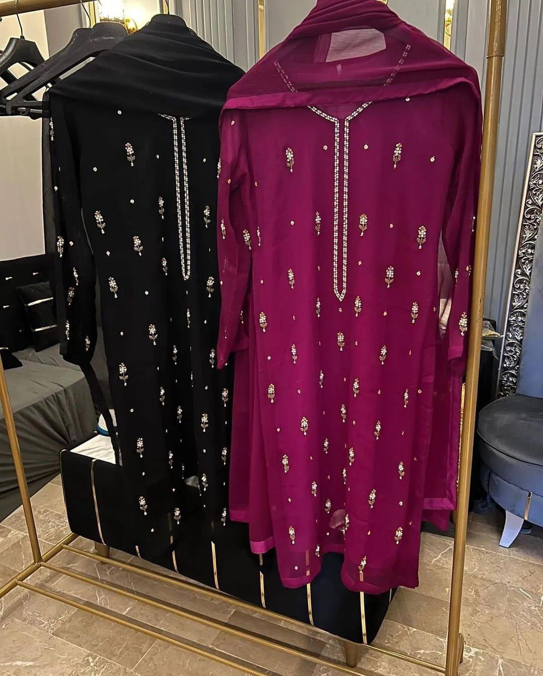 3 Piece Embroided Chiffon Full Suit (Standard Size) Chest=21 , Lenght=37 , Trouser lenght=35 , Dupatta=2.5 yards