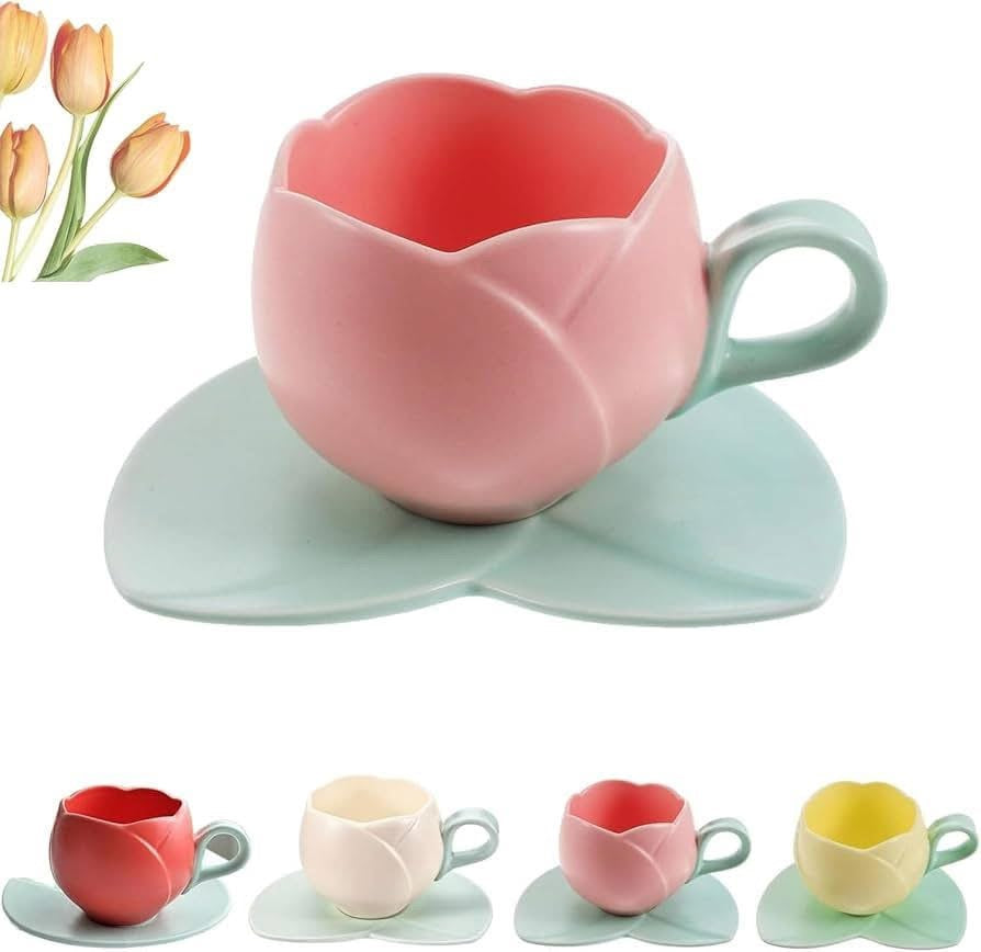 Ceramic Tulip Coffee Cup with Saucer