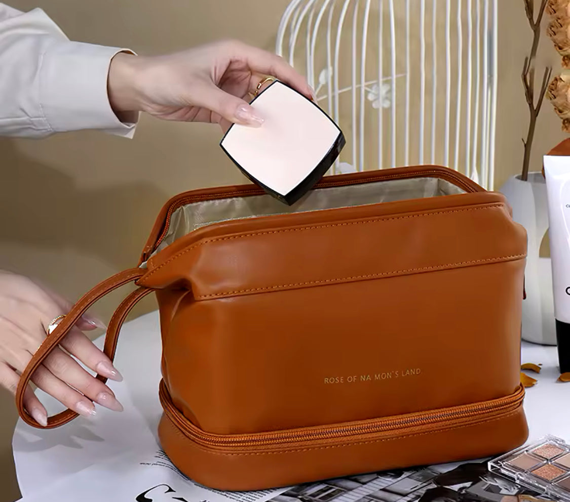 Double Layer Leather Makeup Pouch