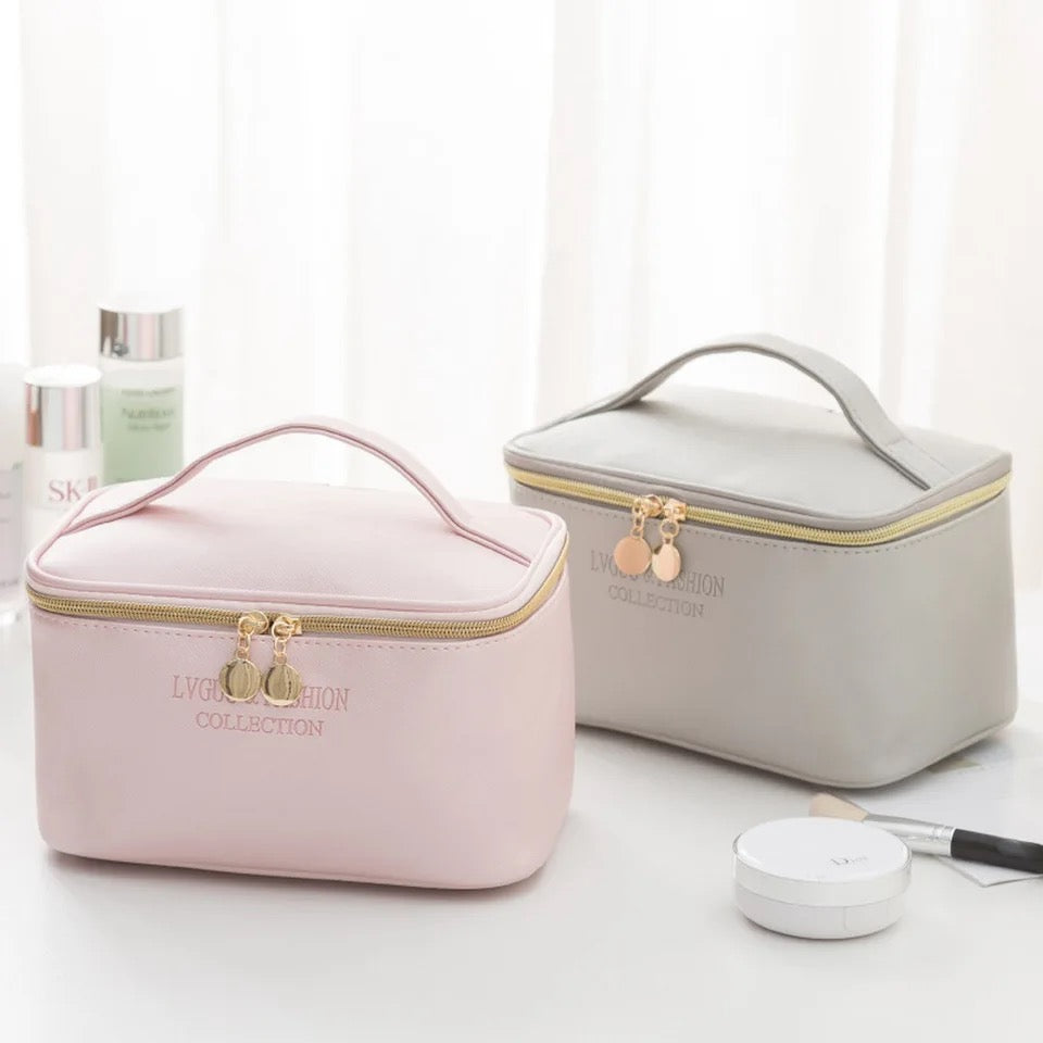 3 Pcs Leather Makeup Pouch Set (Pink, Golden & Silver)