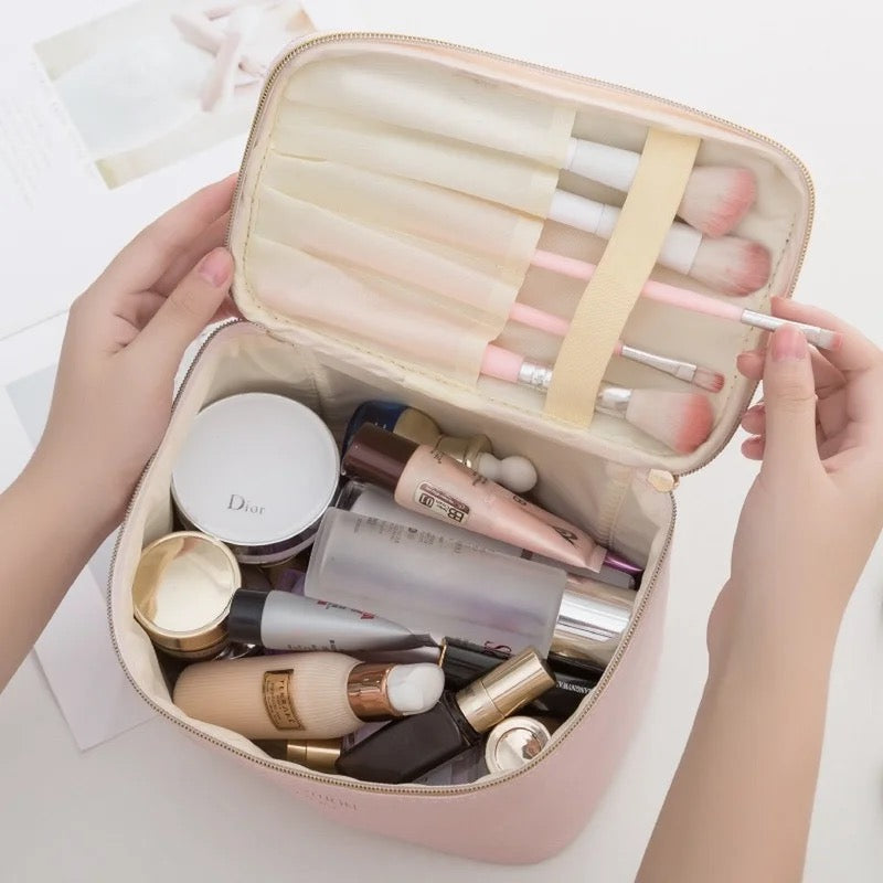 3 Pcs Leather Makeup Pouch Set (Pink, Golden & Silver)