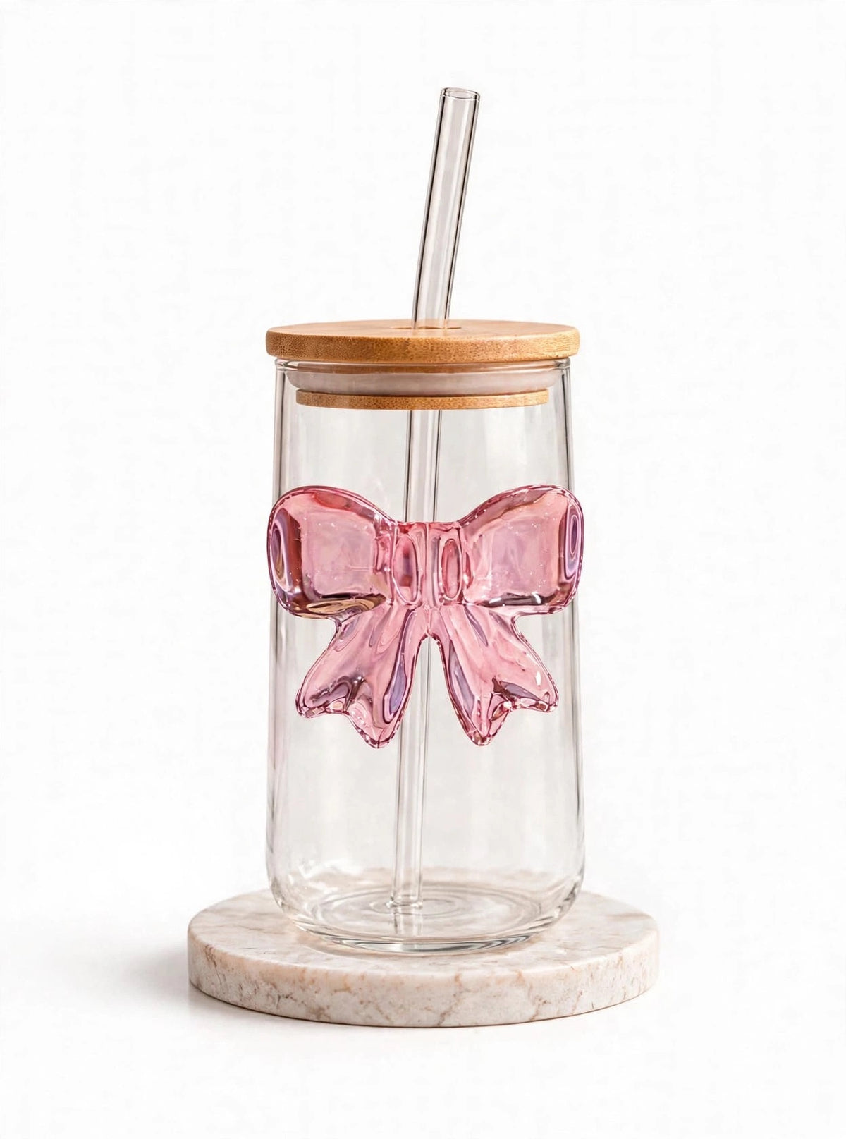 Bow Design Coffee Glass with Lid and Straw