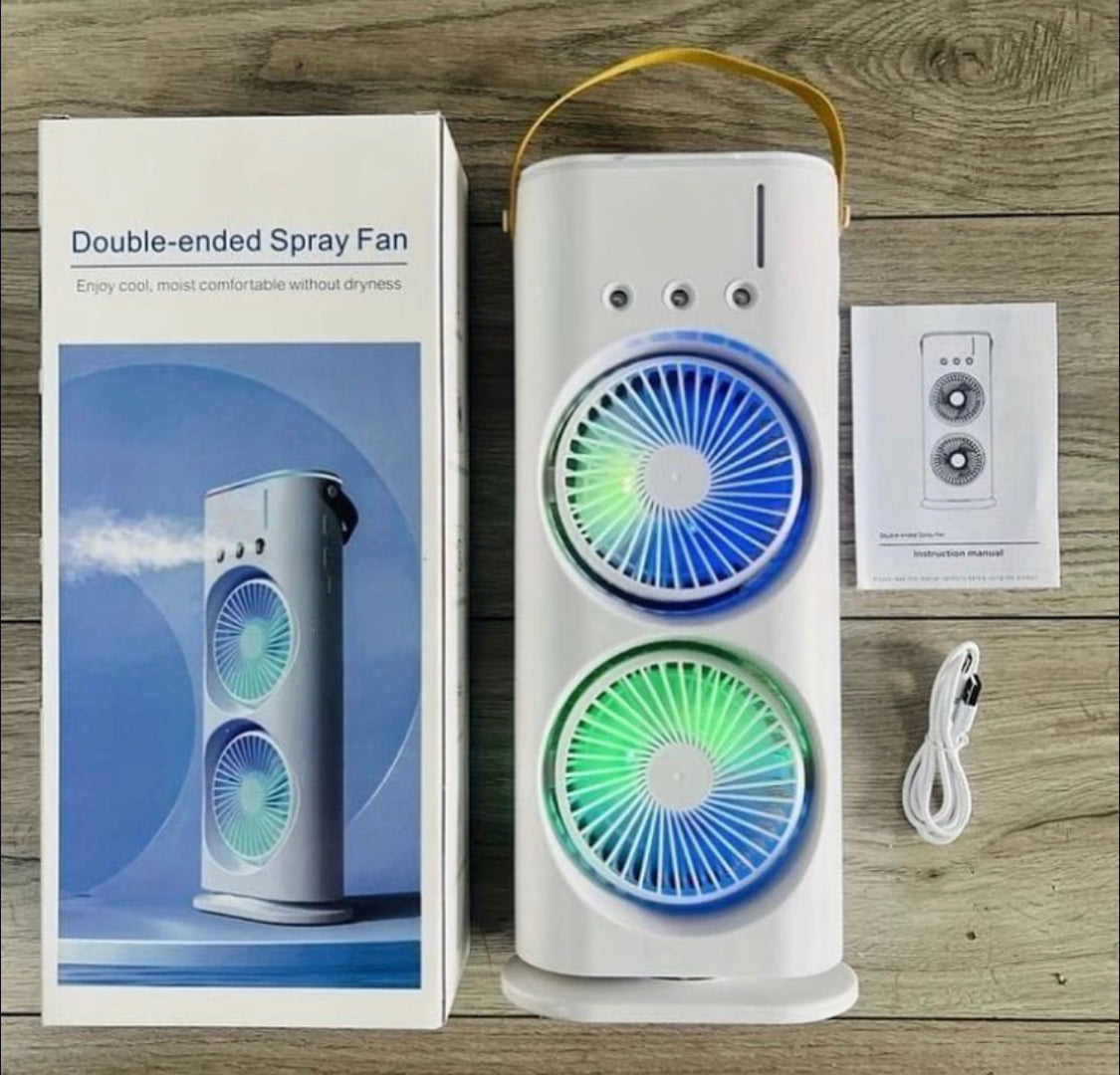 Rechargeable Rotating Dual Fan with Hole Spray & Lights