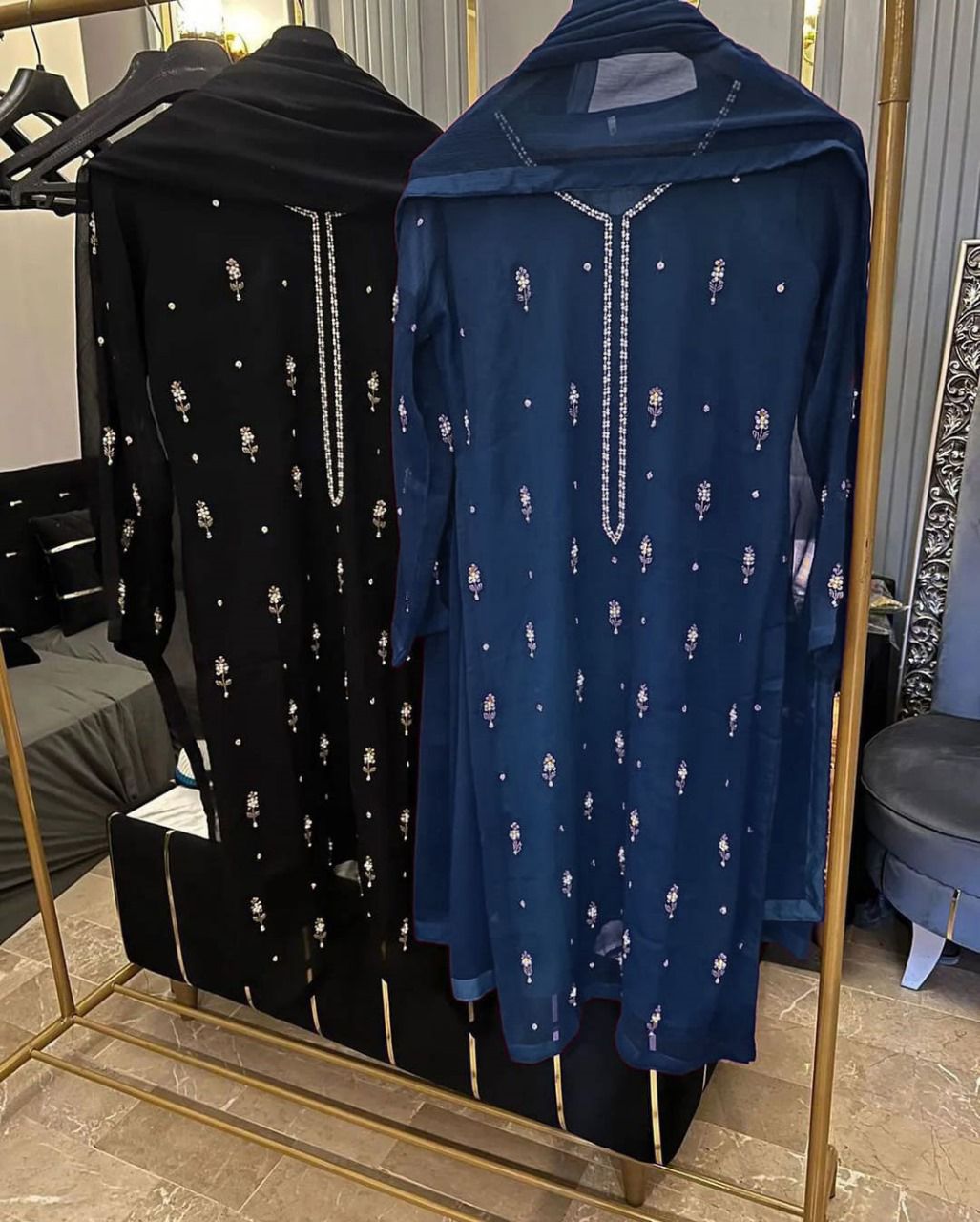 3 Piece Embroided Chiffon Full Suit (Standard Size) Chest=21 , Lenght=37 , Trouser lenght=35 , Dupatta=2.5 yards