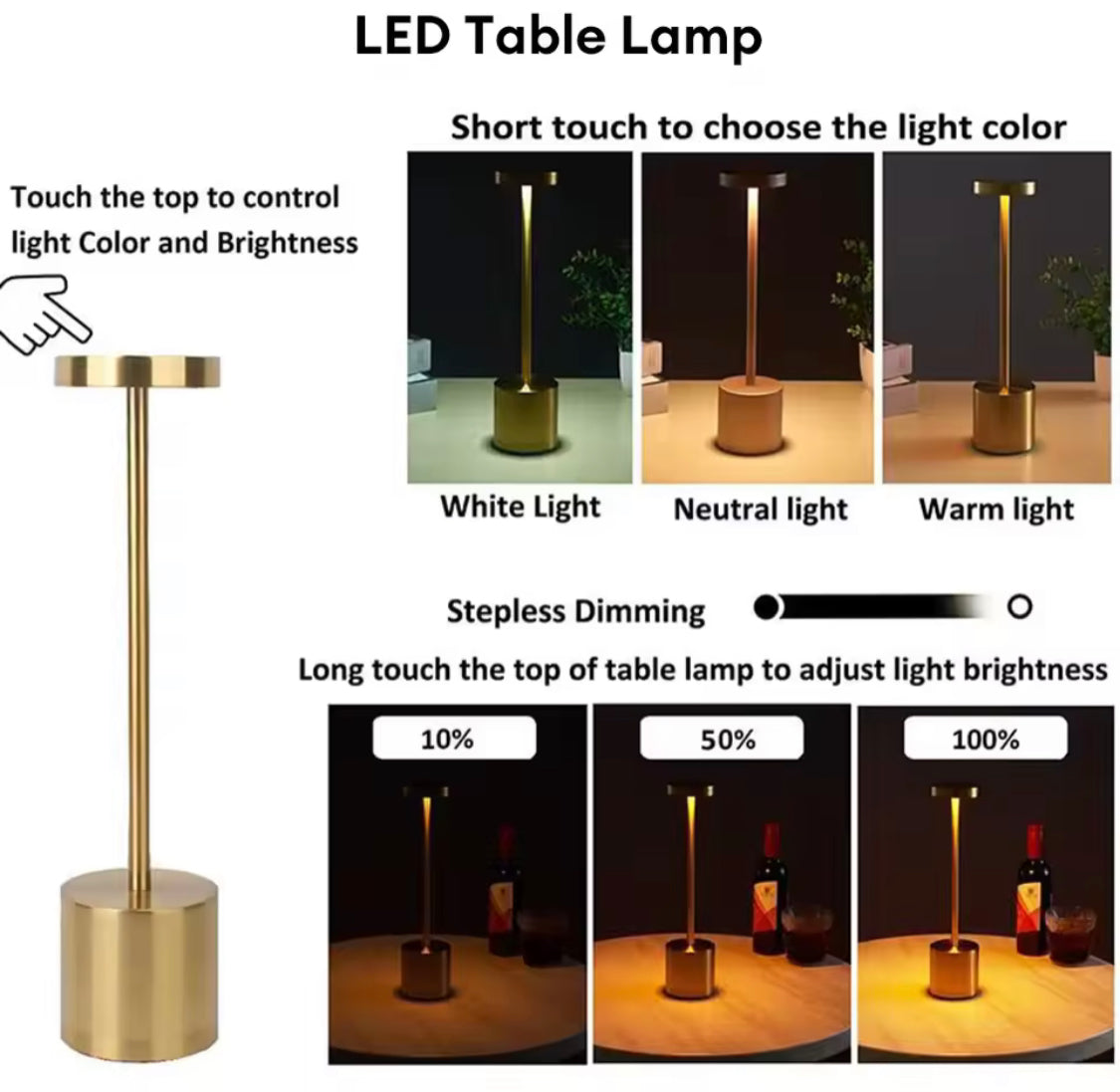 Led Metal 3 Colours Touch Lamp