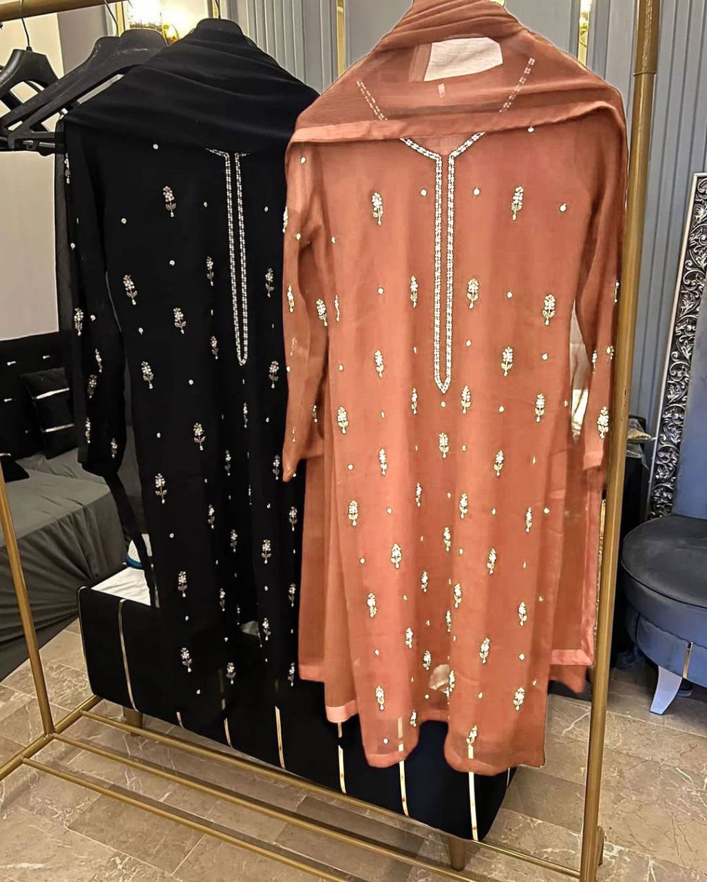 3 Piece Embroided Chiffon Full Suit (Standard Size) Chest=21 , Lenght=37 , Trouser lenght=35 , Dupatta=2.5 yards