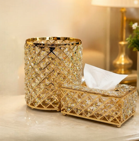 2 Pcs Metal Crystal Dustbin Tissue Box Set