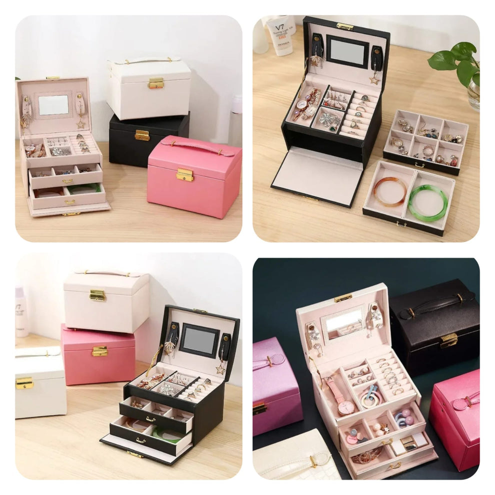 3 Layer Mirror Leather Jewellery Box