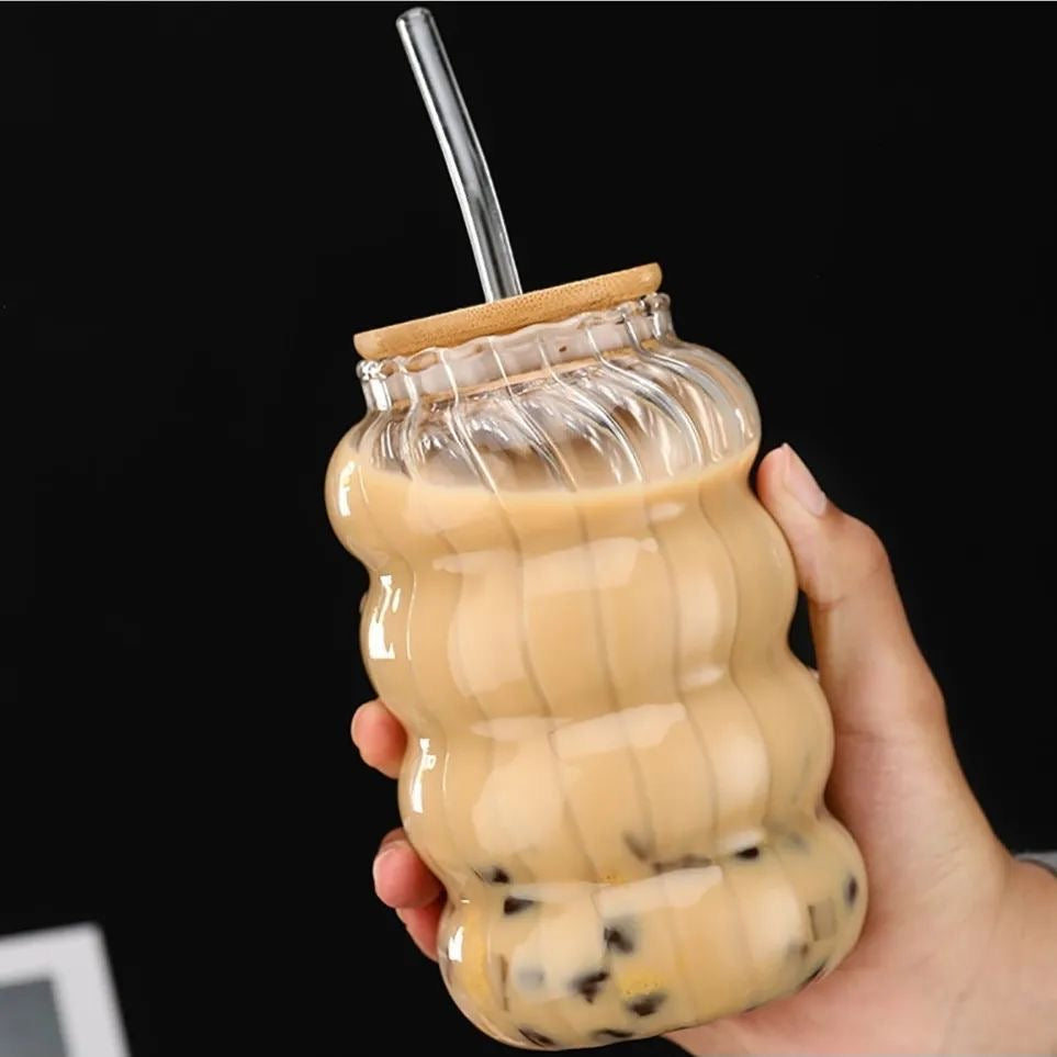 400 ml Coffee Glass with Bamboo Lid and Straw