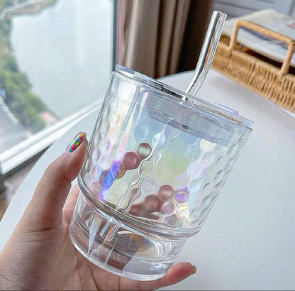 350ml Rainbow Coffee Glass with Lid and Straw