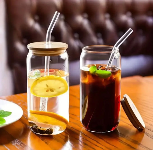 Coffee Glass with Bamboo Lid and Straw