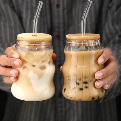 400 ml Coffee Glass with Bamboo Lid and Straw