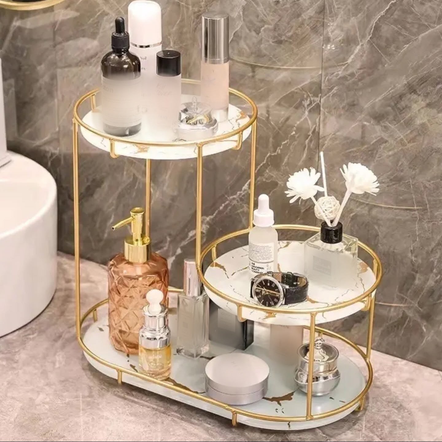 3 Layer Marble Cosmetic Makeup Organizer Rack