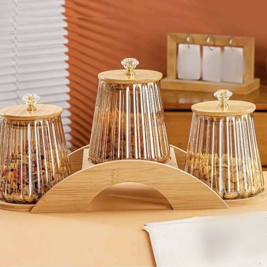 3 Pcs Storage Jars Set with Wood Stand