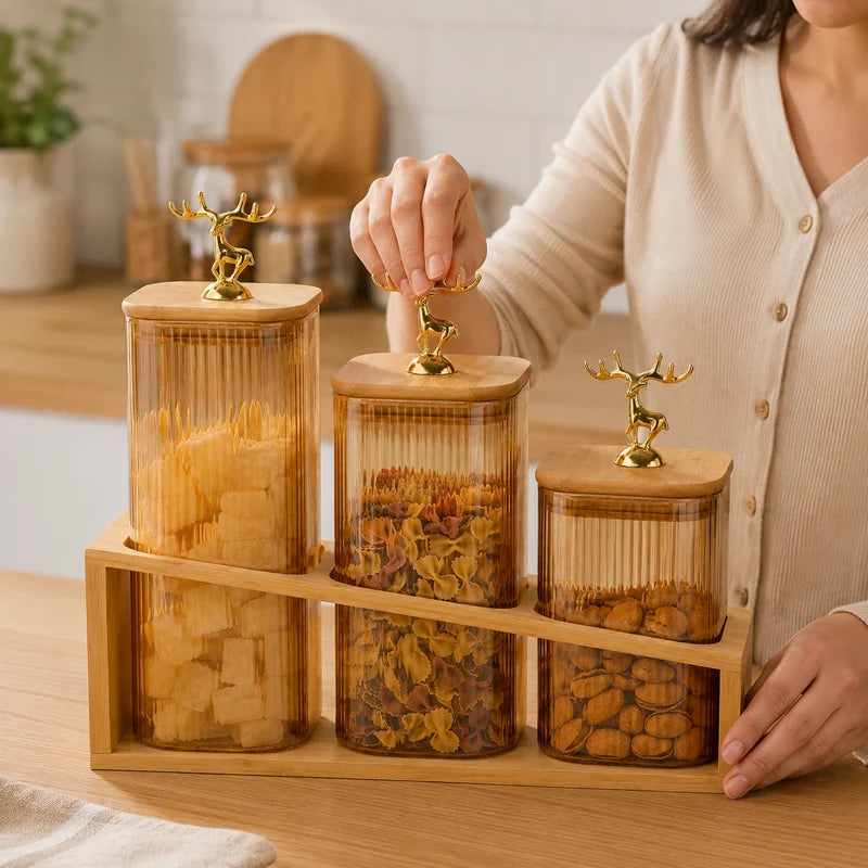 3 Pcs Glass Jars Set with Wooden Stand