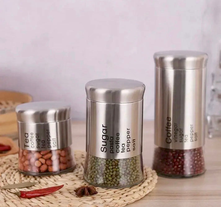 3 Pcs Silver Glass Storage Jars Set