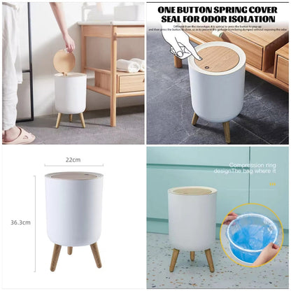 Wooden Plastic Round Dustbin with Lid