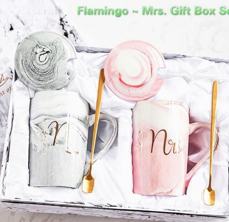 Mr & Mrs Couple Mugs Set with Spoons & Lids with Gift Box Packing