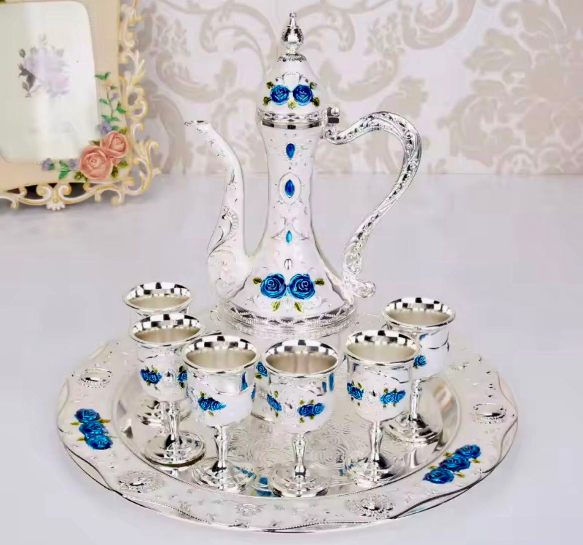 Metal Tea Pot Set with 6 Cups and Tray