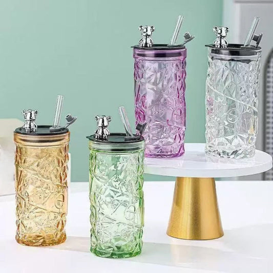 Coffee Glass with Straw and Bear