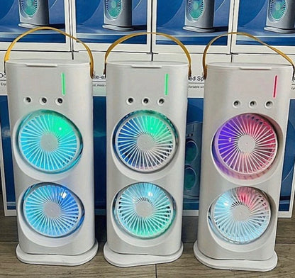 Rechargeable Rotating Spray Fan Automatic Rotating Dual Double Spray Mist Fan with Lightening Effects