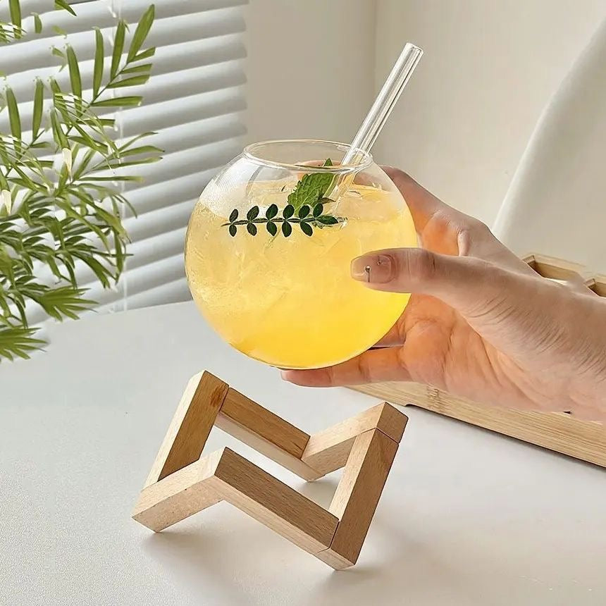 Round Coffee Glass with Wood Stand