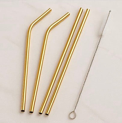 5 Pcs Golden Steel Straws Set