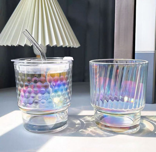 350ml Rainbow Coffee Glass with Lid and Straw