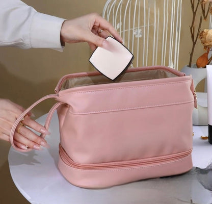 Double Zip Leather Makeup Bag