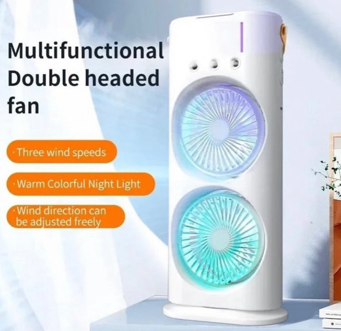 Rechargeable Rotating Spray Fan Automatic Rotating Dual Double Spray Mist Fan with Lightening Effects