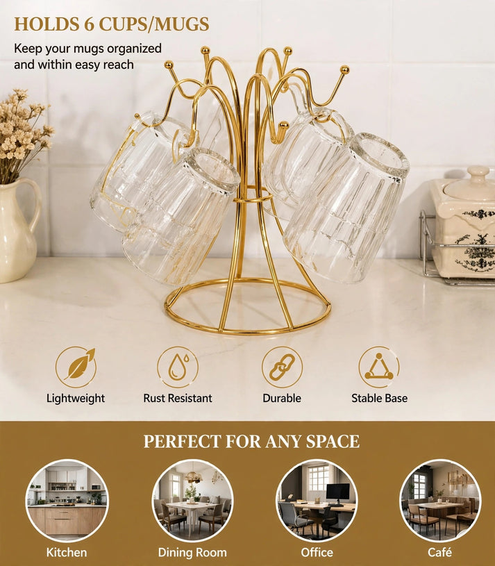 Golden 6 Pcs Mugs Holder Rack