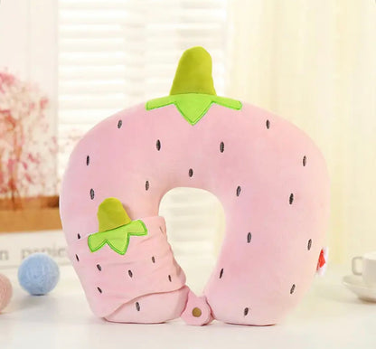 Pink Strawberry U-Shaped Neck Pillow With Eye Sleeping Mask