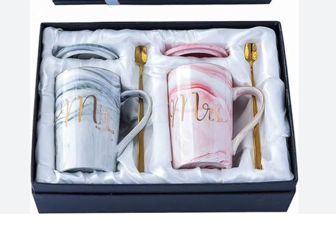 Marble Design Couple Mug Mr and Mrs Best For Gift Best quality With Spoons With Fancy box