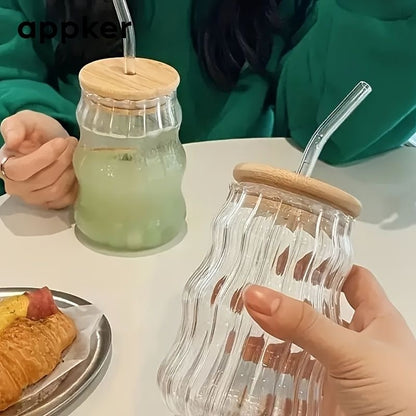 400 ml Coffee Glass with Bamboo Lid and Straw