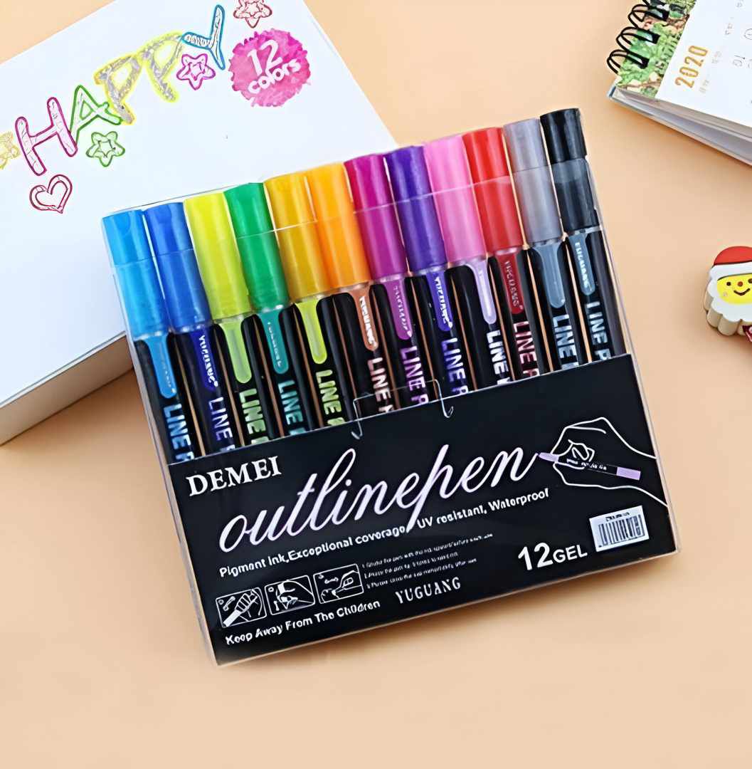 12 Pcs Neon Outline Pens Set