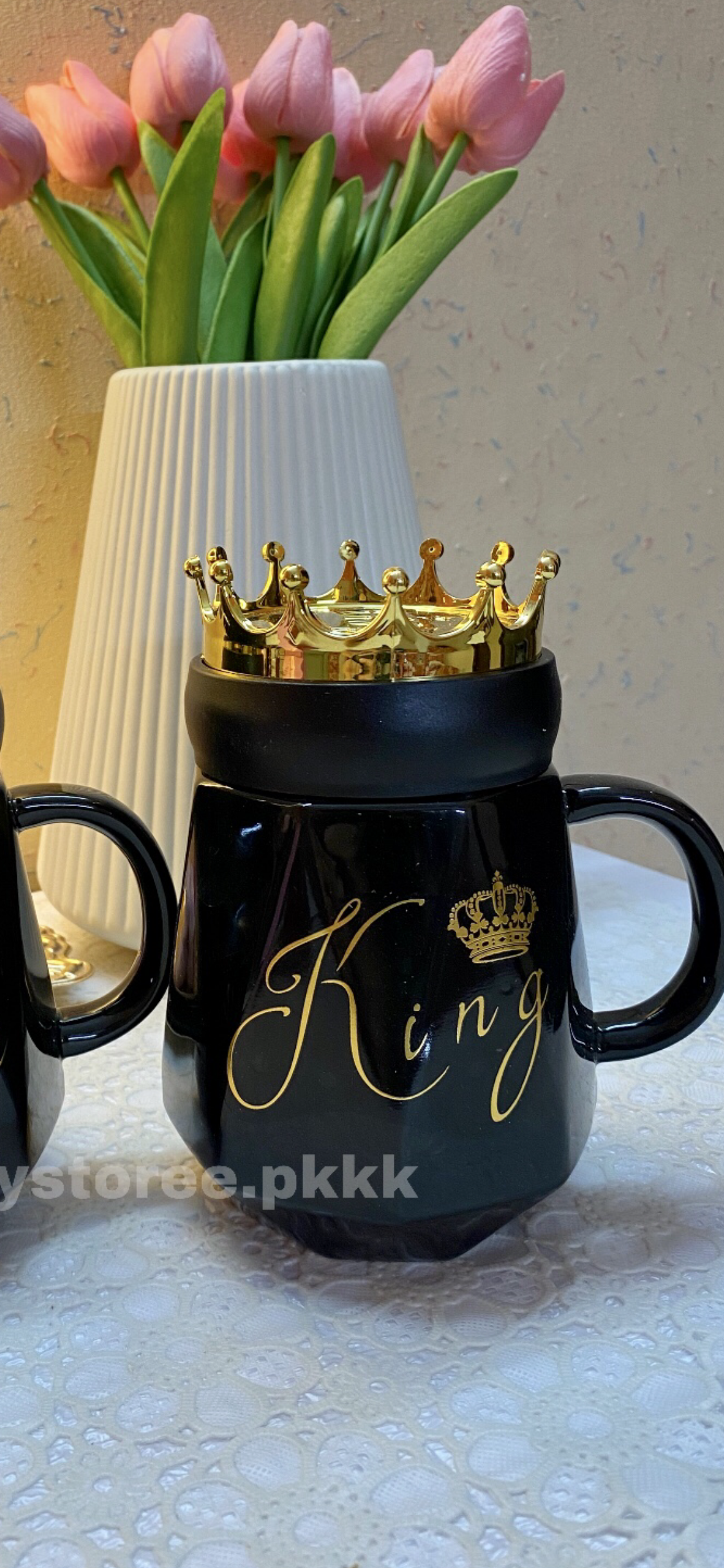 New King & Queen Crown Couple Mugs Set With Gift Box Packaging