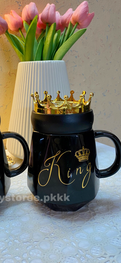 New King & Queen Crown Couple Mugs Set With Gift Box Packaging