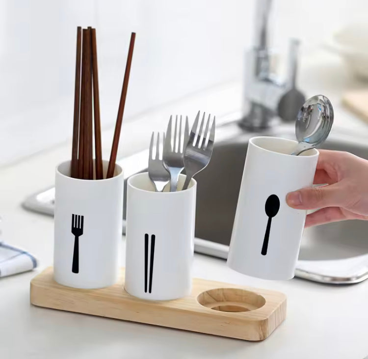 3 Pcs Cutlery Holder with Wooden Tray