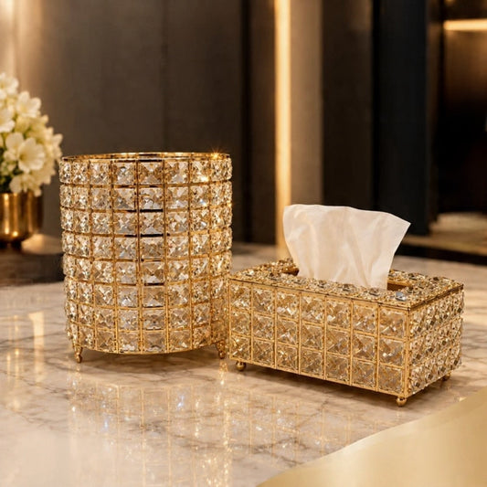 2 Pcs Full Crystal Dustbin Tissue Box Set