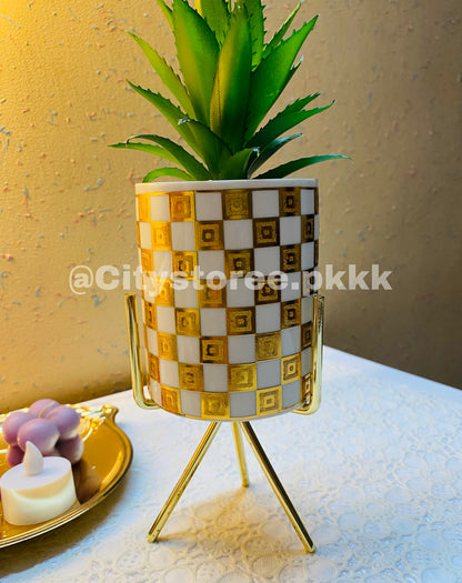 New Cermaic Flower Pot with Metal Golden Stand Showpiece for Home Decoration