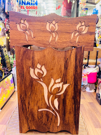 Wooden Flower Design Dustbin And Tissue Box Set Best Quality Brown Colour