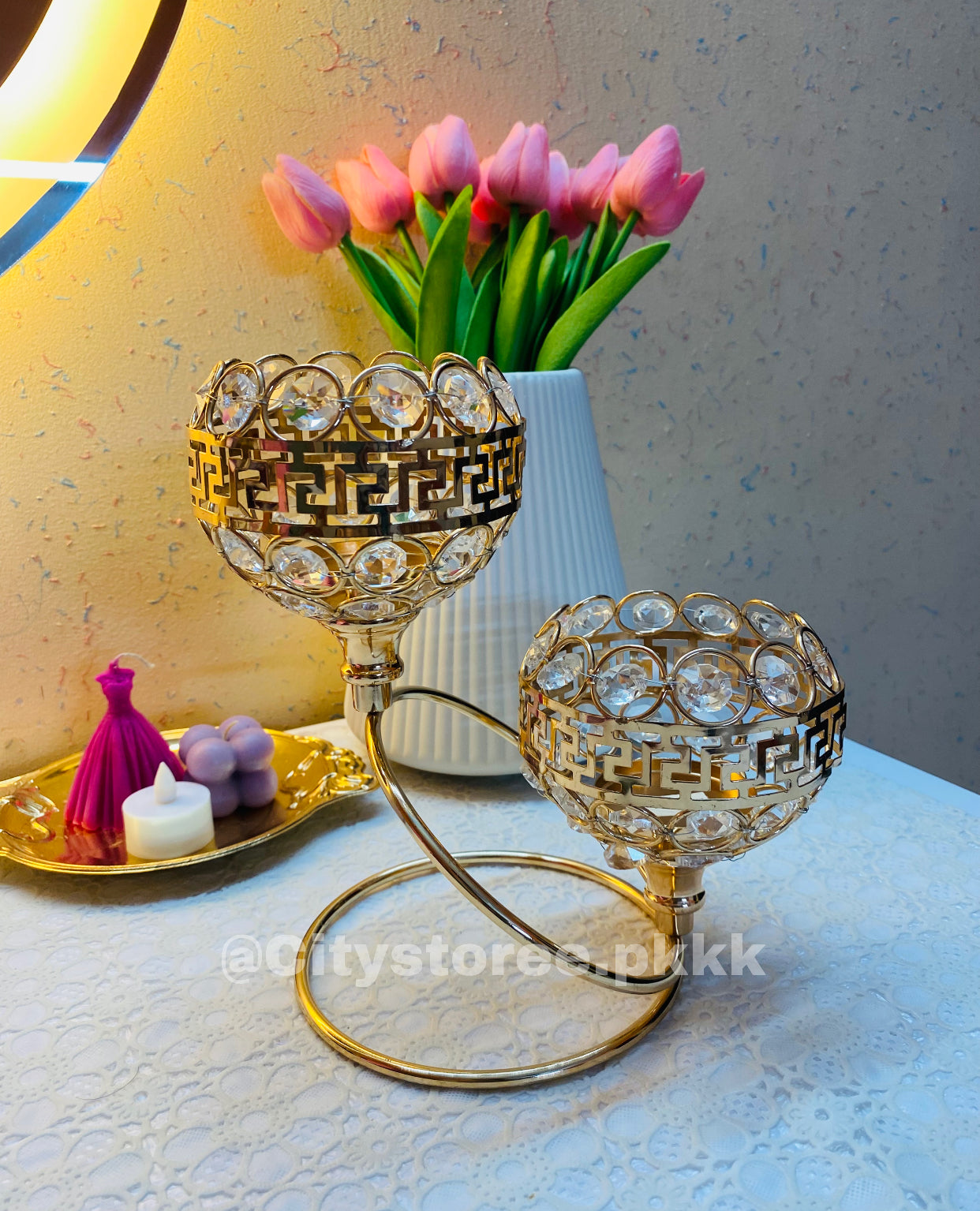 New Golden Crystal Design Candle holder Showpiece For Room & Home Decoration