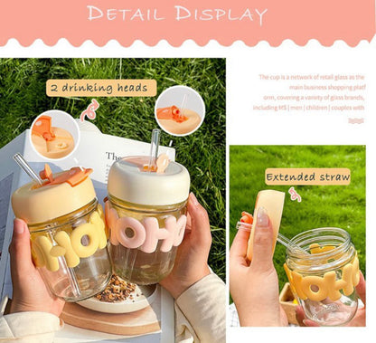 350 ml Cute Coffee Cup Glass with Lid and Straw