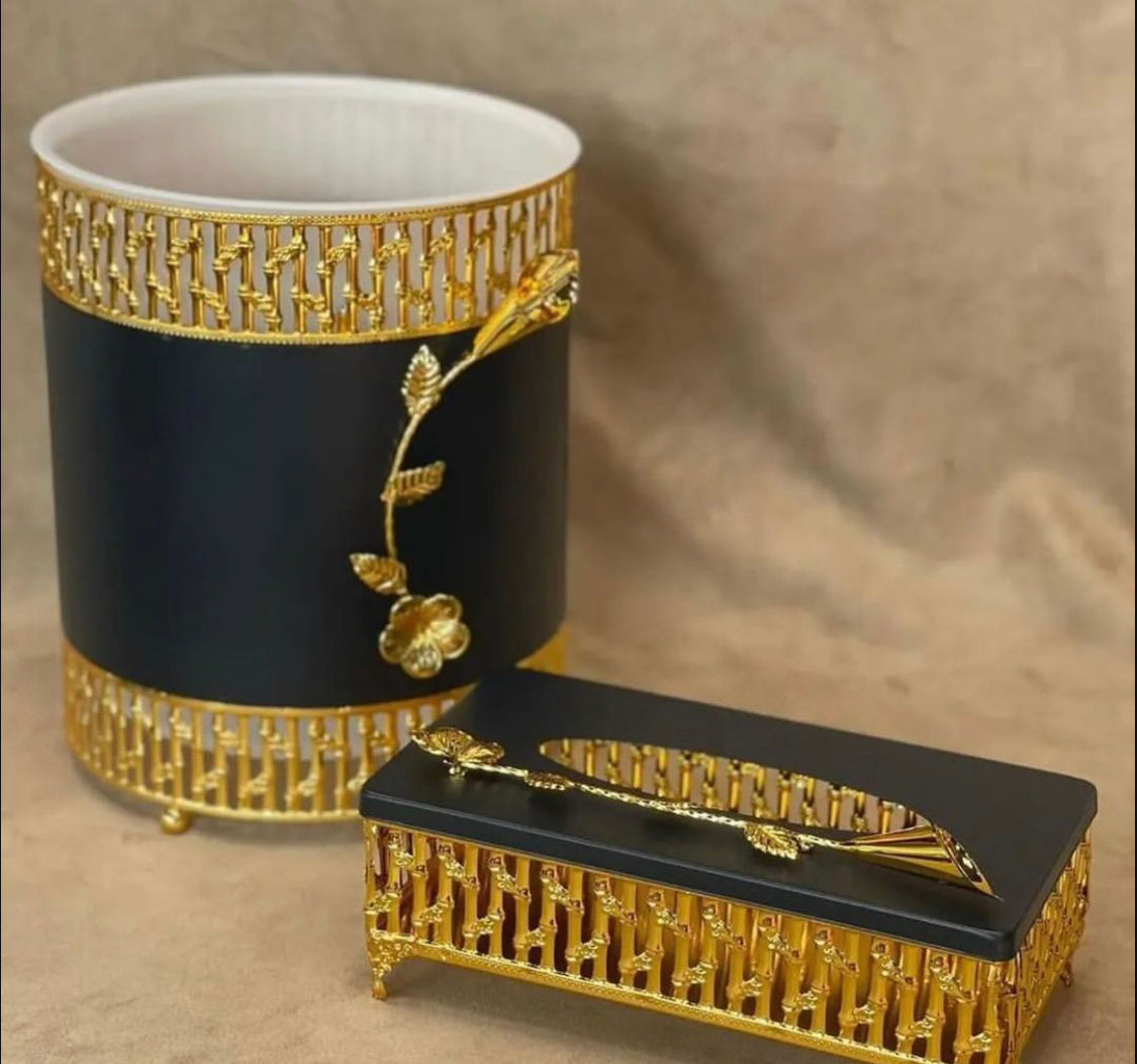 Black and Golden Metal Dustbin Tissue Box